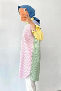 Modalamelif Renk Garnili Çizgi Detaylı Tek Cepli Tunik Gömlek Pembe-Mavi