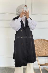 Modalamelif Sıfır Kol Önü Düğmeli Kuşaklı Trenç Siyah