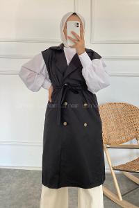 Modalamelif Sıfır Kol Önü Düğmeli Kuşaklı Trenç Siyah