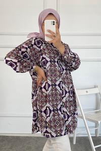 Modalamelif Soyut Desenli Önü Düğmeli Gömlek Mor