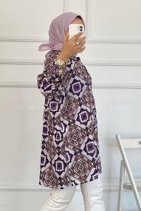 Modalamelif Soyut Desenli Önü Düğmeli Gömlek Mor