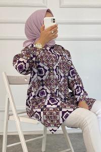 Modalamelif Soyut Desenli Önü Düğmeli Gömlek Mor
