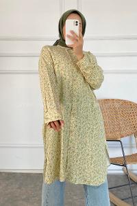 Modalamelif Tek Cep Detaylı Çiçek Motifli Tunik Gömlek Krem