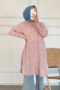 Modalamelif Tek Cep Detaylı Çiçek Motifli Tunik Gömlek Pembe