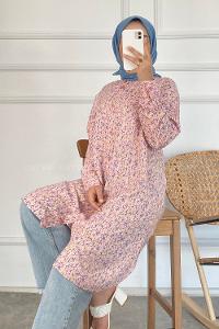Modalamelif Tek Cep Detaylı Çiçek Motifli Tunik Gömlek Pembe