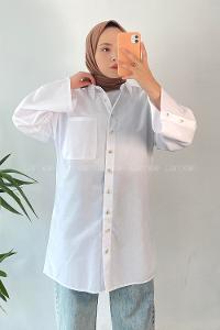 Modalamelif Tek Cepli Önü Kısa Arkası Uzun Oversize Gömlek Beyaz