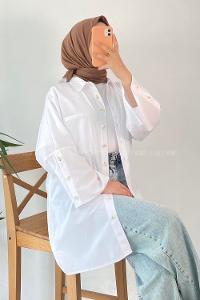 Modalamelif Tek Cepli Önü Kısa Arkası Uzun Oversize Gömlek Beyaz