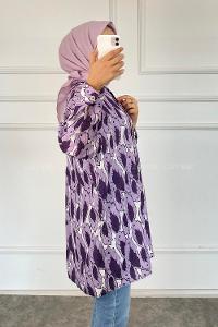 Modalamelif Yaprak Desen Baskılı Gömlek Eflatun