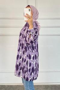 Modalamelif Yaprak Desen Baskılı Gömlek Eflatun