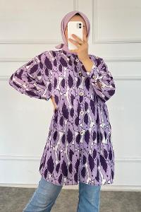 Modalamelif Yaprak Desen Baskılı Gömlek Eflatun