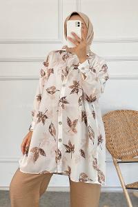 Modalamelif Yaprak Desen Dijital Baskı Gömlek Ekru