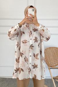 Modalamelif Yaprak Desen Dijital Baskı Gömlek Ekru