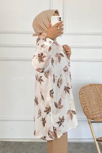 Modalamelif Yaprak Desen Dijital Baskı Gömlek Ekru