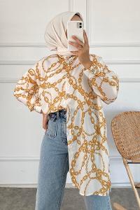 Modalamelif Zincir Desen Dijital Baskı Gömlek Sarı