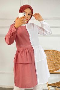 Modalamelif Renk Garnili Beli Fırfır Detaylı Tunik Gömlek Beyaz-Gül