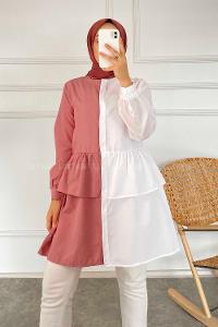 Modalamelif Renk Garnili Beli Fırfır Detaylı Tunik Gömlek Beyaz-Gül