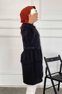 Modalamelif Renk Garnili Beli Fırfır Detaylı Tunik Gömlek Beyaz-Siyah