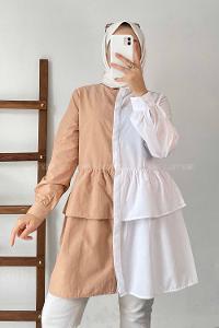 Modalamelif Renk Garnili Beli Fırfır Detaylı Tunik Gömlek Beyaz-Sütlü Kahve