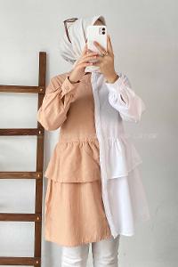 Modalamelif Renk Garnili Beli Fırfır Detaylı Tunik Gömlek Beyaz-Sütlü Kahve