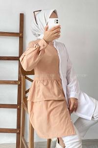 Modalamelif Renk Garnili Beli Fırfır Detaylı Tunik Gömlek Beyaz-Sütlü Kahve