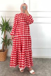 Modalamelif Balon Kol Beli Fırfırlı Gofre Ekose Elbise Kırmızı