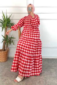 Modalamelif Balon Kol Beli Fırfırlı Gofre Ekose Elbise Kırmızı