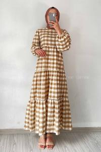 Modalamelif Balon Kol Beli Fırfırlı Gofre Ekose Elbise Sütlü Kahve