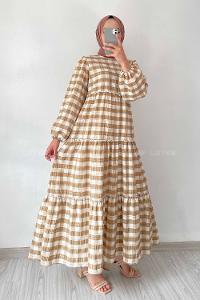 Modalamelif Balon Kol Beli Fırfırlı Gofre Ekose Elbise Sütlü Kahve