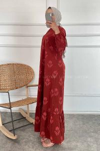 Modalamelif Bisiklet Yaka Çiçek Motifli Elbise Koyu Kiremit