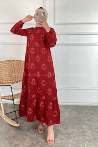 Modalamelif Bisiklet Yaka Çiçek Motifli Elbise Koyu Kiremit