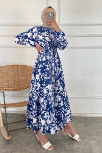 Modalamelif Çiçek Desen Elbise İndigo