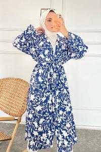 Modalamelif Çiçek Desenli Kuşak Bağlamalı Kimono İndigo