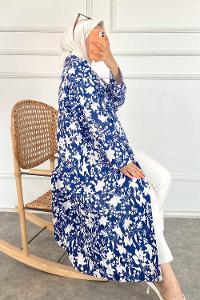 Modalamelif Çiçek Desenli Kuşak Bağlamalı Kimono İndigo