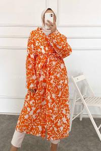 Modalamelif Çiçek Desenli Kuşak Bağlamalı Kimono Oranj