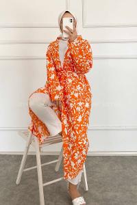 Modalamelif Çiçek Desenli Kuşak Bağlamalı Kimono Oranj