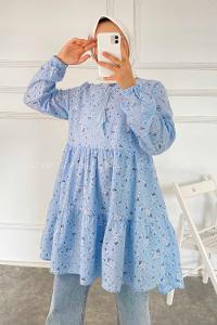 Modalamelif Çiçek Desenli Yaka Bağlamalı Tunik Açık Mavi