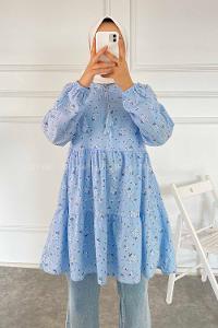 Modalamelif Çiçek Desenli Yaka Bağlamalı Tunik Açık Mavi