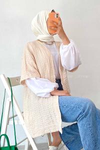 Modalamelif Gofre Kısa Kollu Kimono Krem