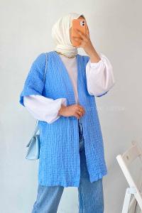 Modalamelif Gofre Kısa Kollu Kimono Mavi