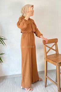 Modalamelif Kapak Cep Modelli Beli Tünel Bağlamalı Slopet Tulum Taba