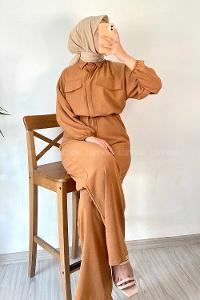 Modalamelif Kapak Cep Modelli Beli Tünel Bağlamalı Slopet Tulum Taba