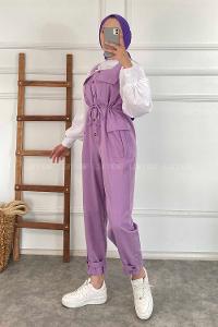 Modalamelif Kapak Cepli Beli Tünel Bağcıklı Bahçıvan Askılı Tulum Lila