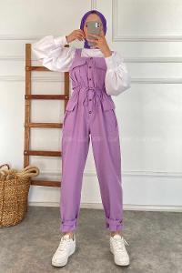 Modalamelif Kapak Cepli Beli Tünel Bağcıklı Bahçıvan Askılı Tulum Lila