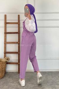 Modalamelif Kapak Cepli Beli Tünel Bağcıklı Bahçıvan Askılı Tulum Lila