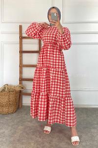 Modalamelif Kare Desenli Beli Lastikli Gofre Elbise Kırmızı