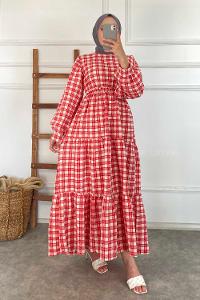 Modalamelif Kare Desenli Beli Lastikli Gofre Elbise Kırmızı