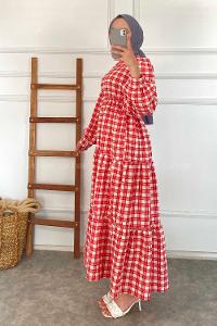 Modalamelif Kare Desenli Beli Lastikli Gofre Elbise Kırmızı