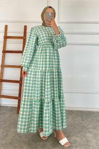 Modalamelif Kare Desenli Beli Lastikli Gofre Elbise Mint