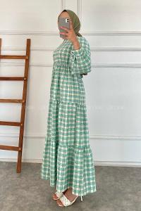 Modalamelif Kare Desenli Beli Lastikli Gofre Elbise Mint