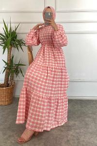 Modalamelif Kare Desenli Beli Lastikli Gofre Elbise Pembe